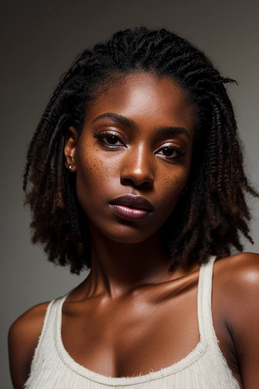 a photo of a seductive Caribbean woman with loose styled hair, bored, she is wearing a T-Shirt and a Pencil skirt, , mascara, (textured skin, skin pores:1.2), (moles:0.8), (imperfect skin:1.1), intricate details, goosebumps, flawless face, (light freckles:0.9), ((photorealistic):1.1), (raw, 8k:1.2), dark, muted colors, slate atmosphere