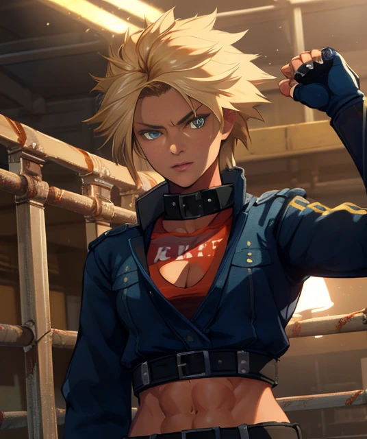 Shina,spiked blonde hair,muscular,abs ,blue eyes, tanned skin, standing, fist up, serious expression, close up
ShiGea,red crop top,fingerless gloves ,cropped long sleeved jacket,belt,boots, dark blue attire,cleavage,
steel cage arena, lights, moonlight,
(insanely detailed, beautiful detailed face, masterpiece, best quality) cinematic lighting, <lora:Shina:0.8>