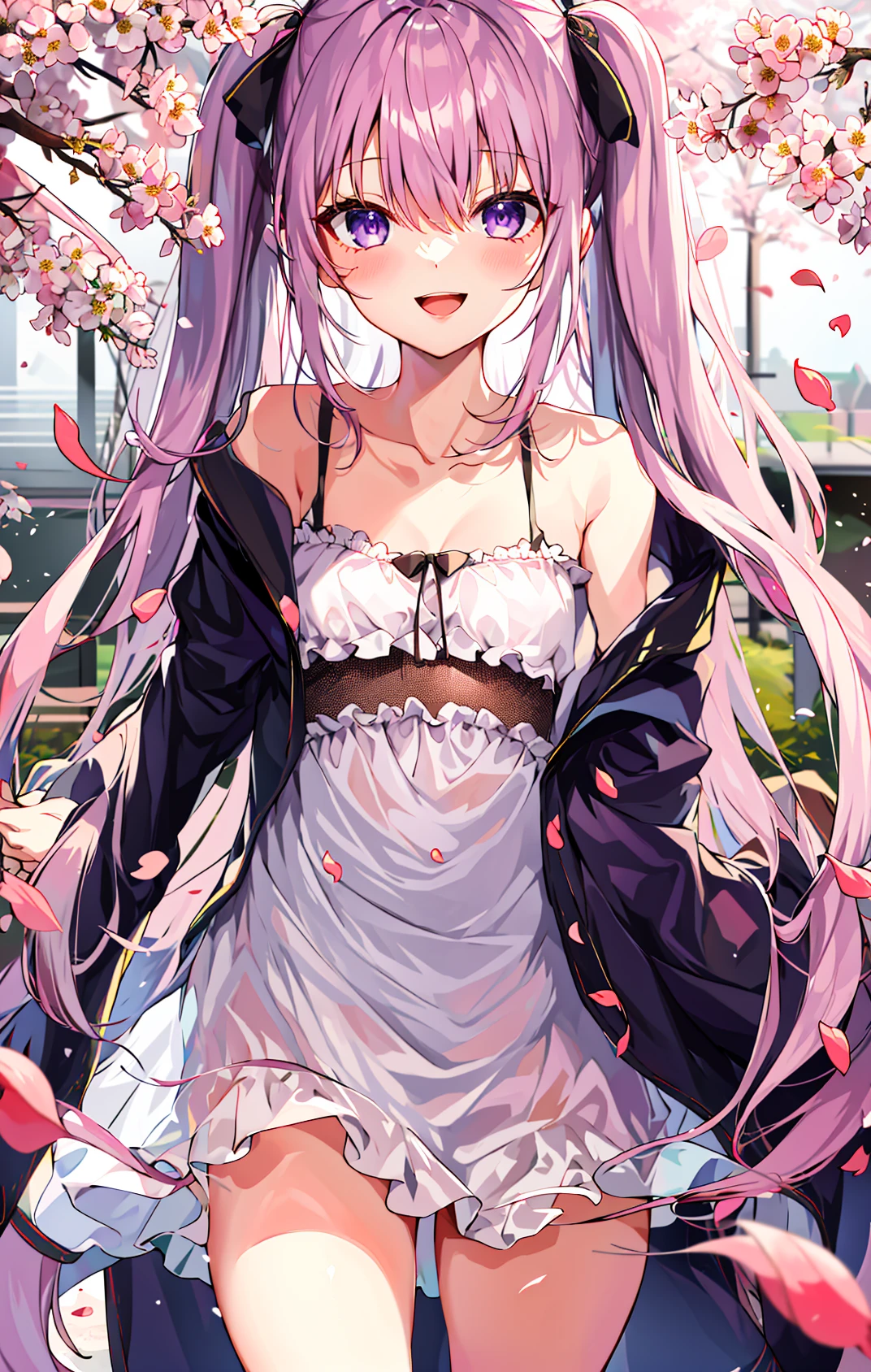 1girl, twintails, bangs, bare_shoulders, blush, bow, branch, breasts, cherry_blossoms, collarbone, day, dress, eyebrows_visible_through_hair, falling_petals, flower, frilled_dress, frills, from_below, hair_between_eyes, hanami, jacket, leaves_in_wind, long_sleeves, looking_at_viewer, off_shoulder, open_clothes, open_jacket, open_mouth, outdoors, parted_lips, petals, petals_on_liquid, pink_flower, pink_hair, purple_eyes, ribbon, rose_petals, sidelocks, small_breasts, smile, solo, spring_\(season\), thighs, tree, two_side_up, very_long_hair, white_dress <lora:style_kedamaa:0.8>