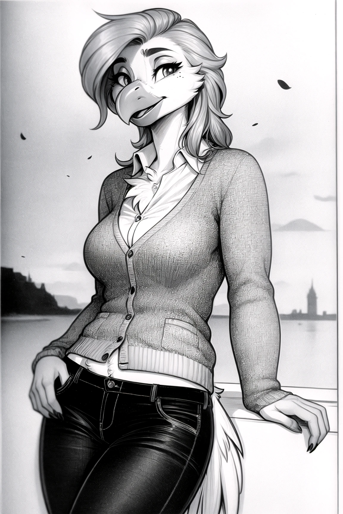 anthro bird, (winged-arms), female, medium breasts, beak, cardigan, Edinburgh, Scotland, Medium shot, pants, shirt, gorgeous landscape, top, bottom, traditional media, link on paper, black and white, monochrome,