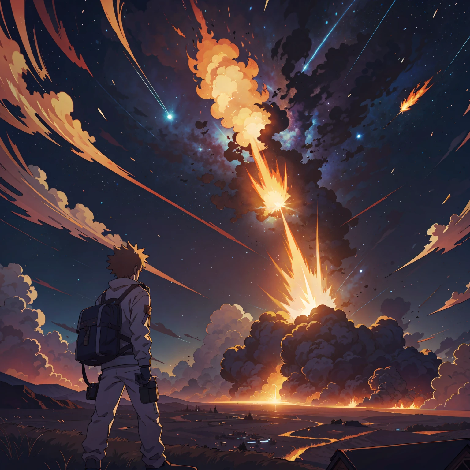 (best-quality:0.8), (best-quality:0.8), perfect anime illustration, beautiful landscape flaming meteor destruction, shattered