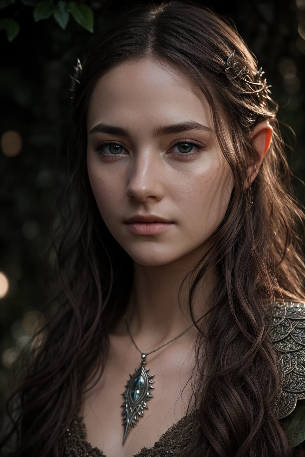 A close up of a woman with long hair wearing a necklace - SeaArt AI