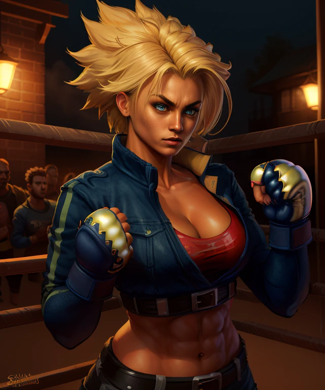 Shina,spiked blonde hair,muscular,abs ,blue eyes, tanned skin, serious expression, closed fists,
steel cage arena, lights, moonlight,
(insanely detailed, beautiful detailed face, masterpiece, best quality) <lora:Shina:0.8>
