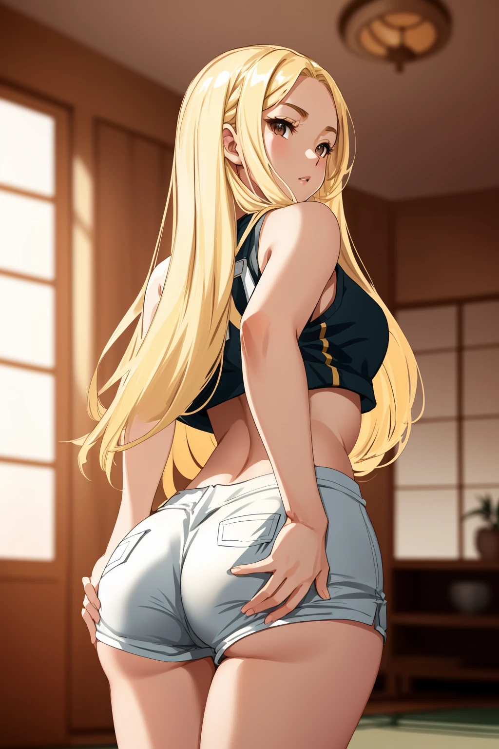 perfect face, long hair, blonde hair hair, japenese, bodycon shorts, <lora:ShortShortsV2:1>, fcPortrait, midriff, living room, from behind, ass, bend over