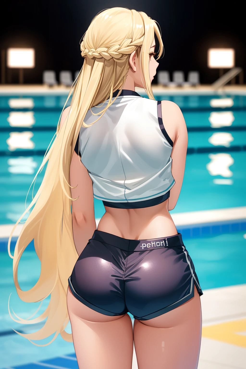 perfect face, long hair, blonde hair hair, japenese, bodycon shorts, <lora:ShortShortsV2:1>, fcPortrait, midriff, pool, from behind, ass