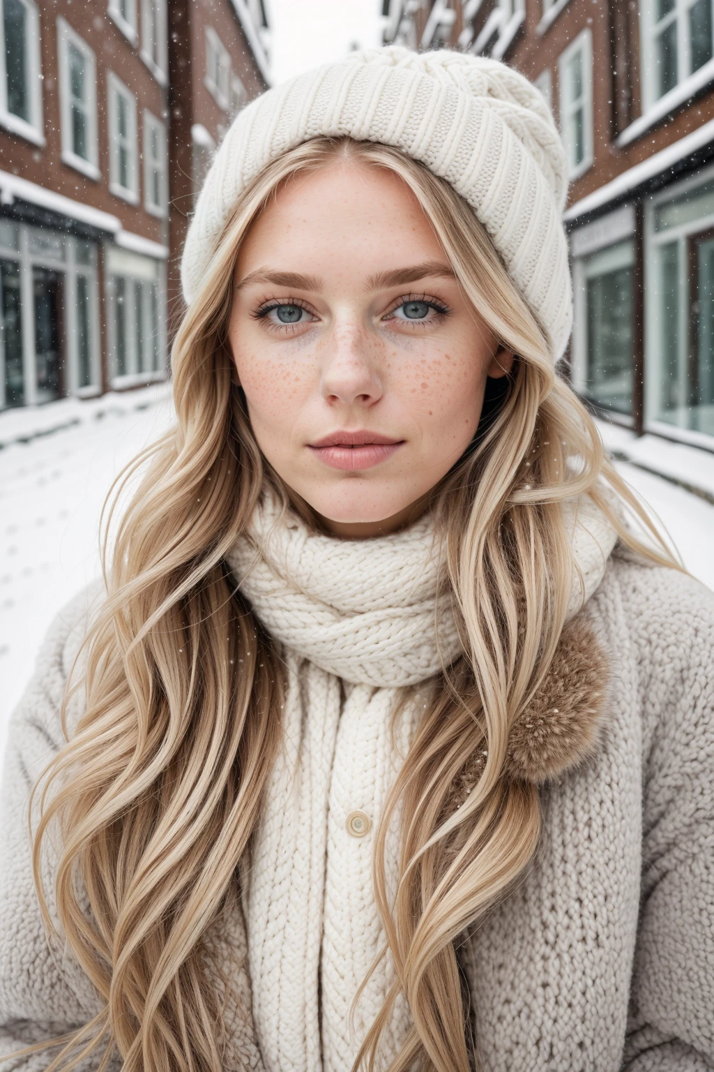 professional portrait photograph of a gorgeous Norwegian girl in winter clothing with long wavy blonde hair, sultry flirty look, freckles, gorgeous symmetrical face, cute natural makeup, wearing elegant warm winter fashion clothing, standing outside in snowy city street
