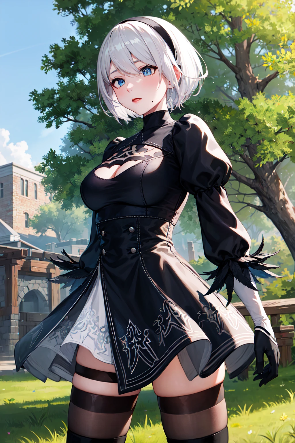 masterpiece, best quality, highres, hm2b, blue eyes, mole under mouth, clothing cutout, long sleeves, puffy sleeves, juliet sleeves, feather trim, black thighhighs, black gloves, black dress, black skirt, <lora:y2b_v2-1:0.7>, cowboy shot, standing, outdoors