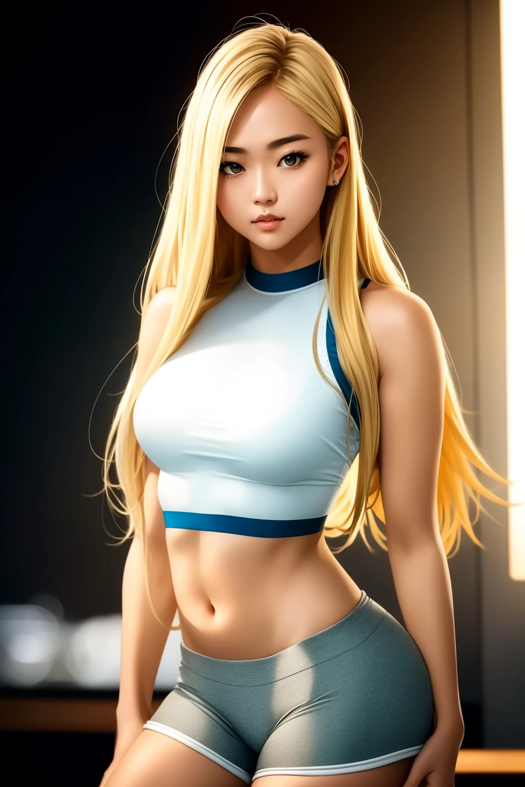 perfect face, long hair, blonde hair, korean, bodycon shorts, <lora:ShortShortsV2:1>, fcPortrait, midriff