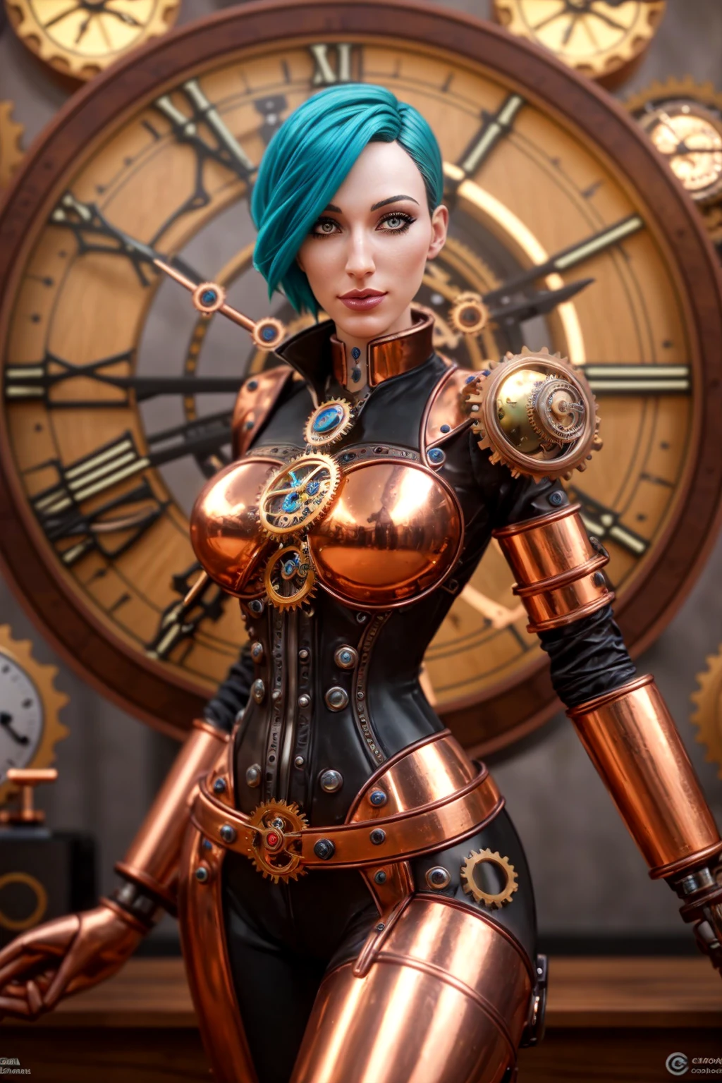 a clockwork (DEN_elle_mechanica:0.8) android made of copper and wood with exposed components, clockwork, geras, cogs, clock, mechanical, robot,
glistening, shiny, lens flare, intricate,
<lora:cyborgbot:0.45>,
photorealistic, high detail, detailed, eyes, masterpiece,