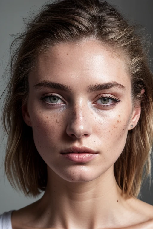 a photo of a seductive Caucasian/White woman with loose styled hair, bored, she is wearing a T-Shirt and a Pencil skirt, , mascara, (textured skin, skin pores:1.2), (moles:0.8), (imperfect skin:1.1), intricate details, goosebumps, flawless face, (light freckles:0.9), ((photorealistic):1.1), (raw, 8k:1.2), dark, muted colors, slate atmosphere