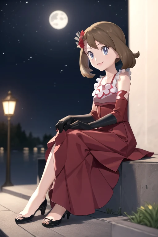 obra maestra, mejor calidad, highres, serena \(pokemon\), pelo corto, ojos azules, 1girl, solo, cinta azul, eyelashes, muslos negros, cinta de cuello, sin mangas, flequillo, clavicle, brazos desnudos, vestido rosa, abrigo rojo, sombrero rosa, al aire libre, de pie junto a un lago, embarazada, rubor, sonrisa, medias largas, medias negras, medias a medio muslo, medium sized female breasts, escote, vientre grande y redondeado, embarazo avanzado, fondo detallado, fondo de grandes detalles, centro comercial, en un centro comercial, mall, hold baby clothes, baby clothes in hands.