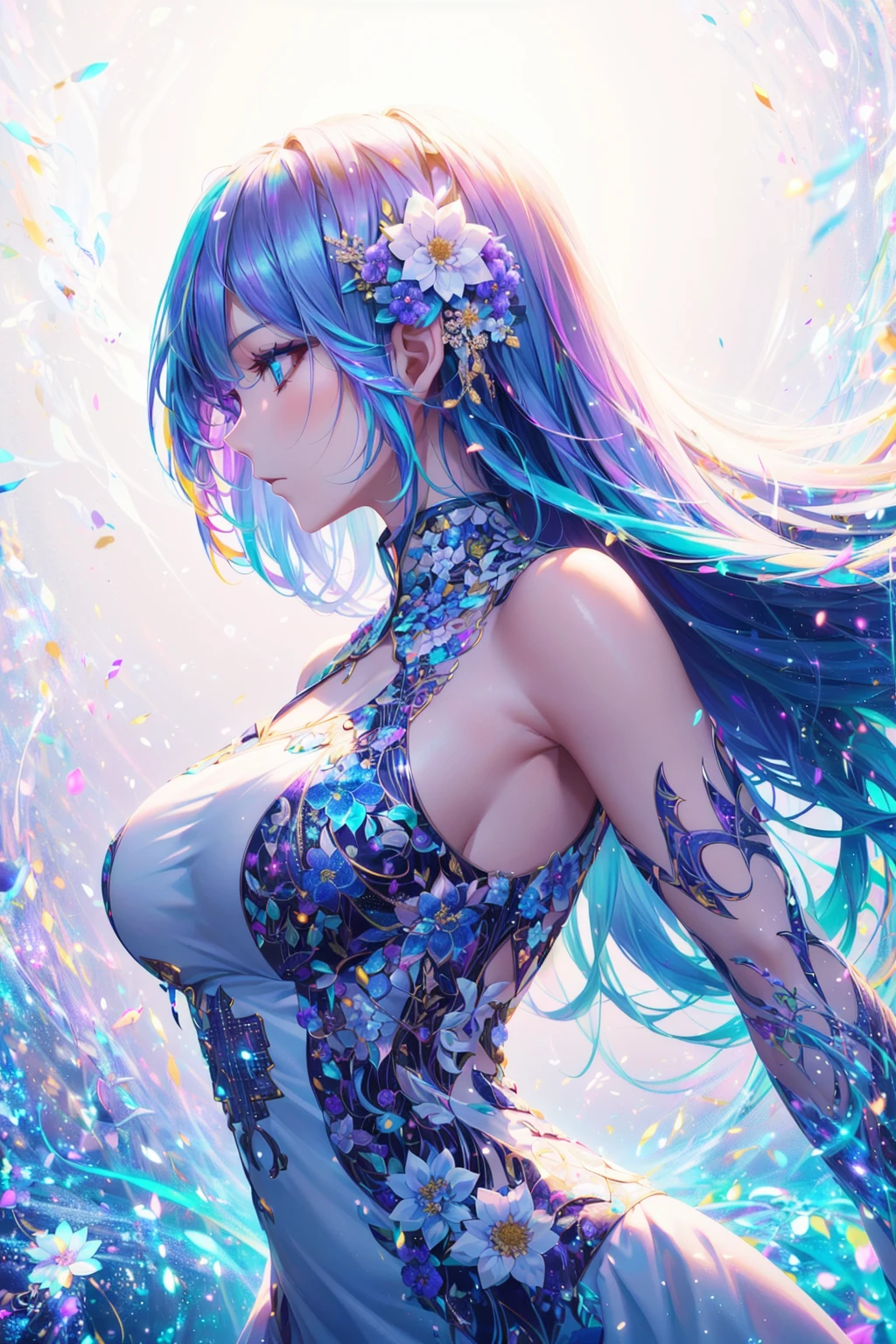 absurdres, highres, (official art, beautiful and aesthetic:1.2), (close view:1.4), 
[ (1girl:1.4), (long hair, complex hair, colorful hair, dynamic hair, shining eyes:1.2) : (calligraphy art, calligraphy:1.2) : 15 ], (complex dress:1.2),
(fractal art:1.1),
(complex background:1.3), (flower effects, dna effects:1.2), (white effects:1.2),
<lora:flat2:-0.3>