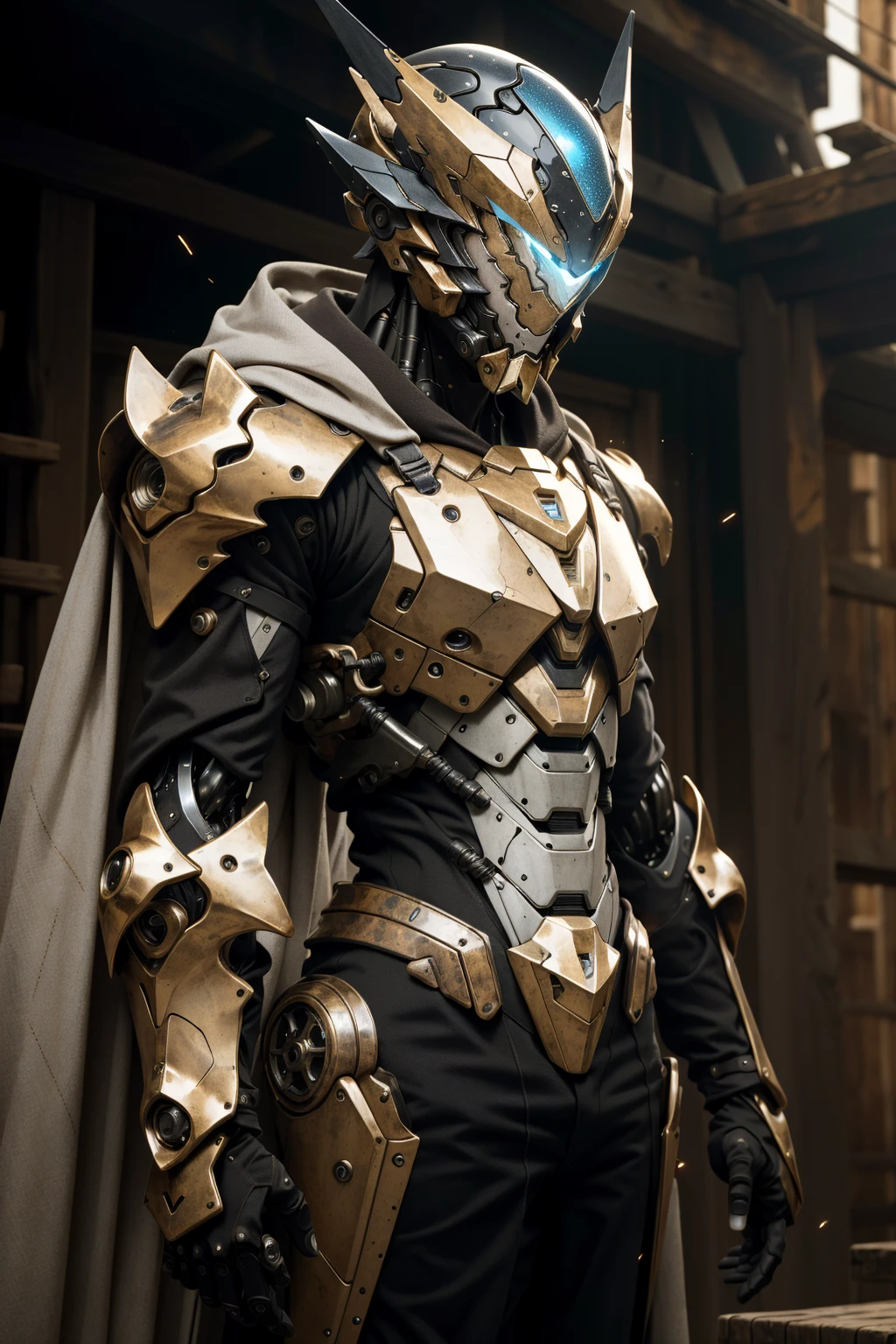 1boy magician, mecha, robot, armor, bodysuit, mechanical arms, Mysterious expression, magical staff or wand, magical effects like sparkles or energy, flowing robes or enchanting attire, magical creatures or mystical background, rim lighting, side lighting, cinematic light, ultra high res, 8k uhd, film grain,best shadow, delicate, RAW, light particles, detailed skin texture, detailed cloth texture, beautiful detailed face, intricate details, ultra detailed, mecha musume, mechanical arms, headgear, bodysuit <lora:nijiMecha:0.8>