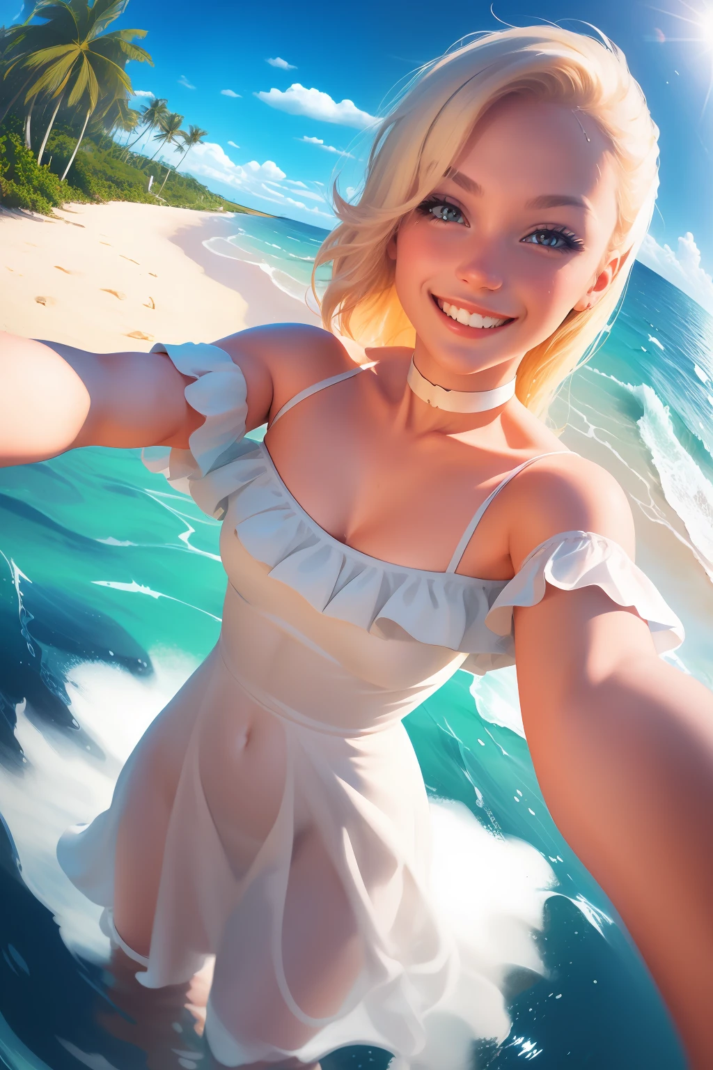 (best quality, masterpiece), 1girl, dress, upper body, looking at viewer, twisted torso, choker, beach, selfie, smile, from above, wet, in water, frilled off shoulder, fisheye lens, blonde, blurry background, <lora:GilElvgren:0.8>