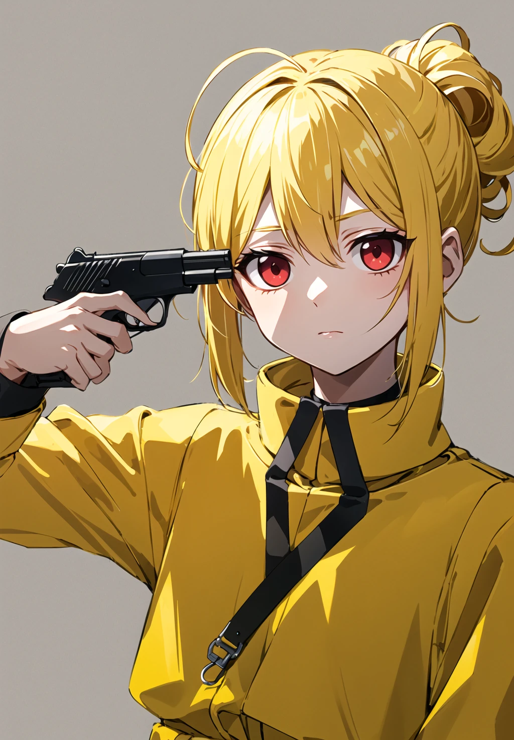 masterpiece, best quality, handgun, gun to head, holding gun, upper body, 1girl, solo, dead inside, blank expression, expressionless, empty eyes, no expression, apathetic, red eyes, wedge updo and hair intakes, yellow hair, tasuki, short jumpsuit, bandeau