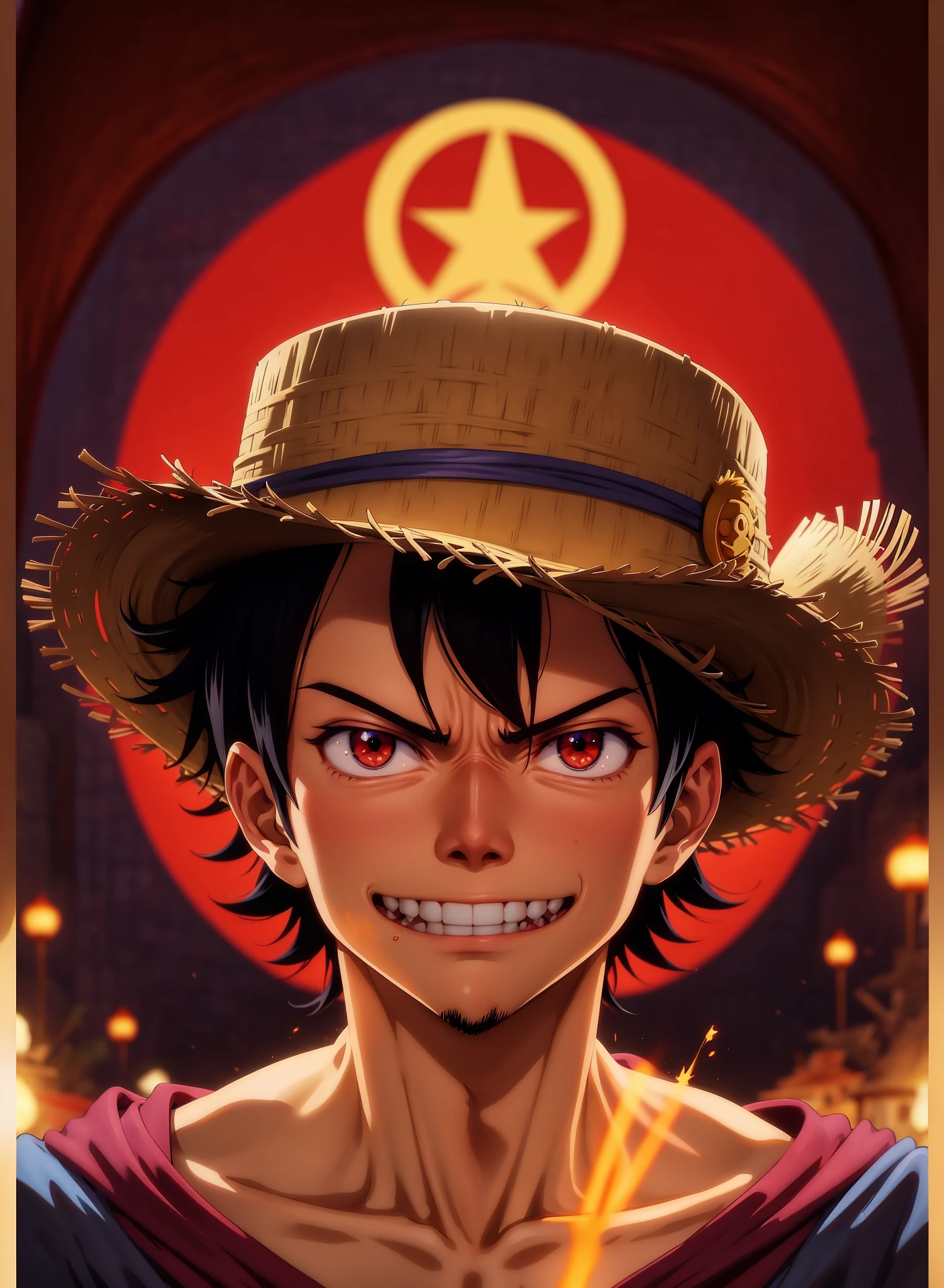 Monkey D. Luffy, one piece anime, X-shaped scar on his chest, Straw Hat, symmetrical body, portrait, cinematic lighting, high contrast, artstation, character concept art, 8K --ar 2:3 --uplight