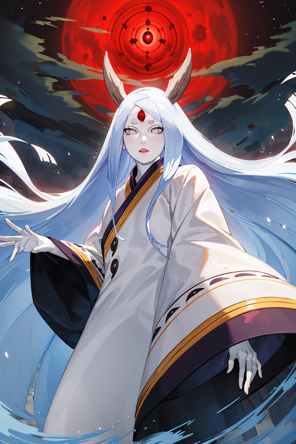 masterpiece,best quality,highly detailed,ultra-detailed,an extremely delicate and beautiful,masterpiece,1girl, solo,kaguya,mature female,  long hair, absurdly long hair, third eye,horns,  pale skin,white short eyebrows,  otsutsuki kimono, floating hair,  looking at viewer, red moon, night, cloudy sky,