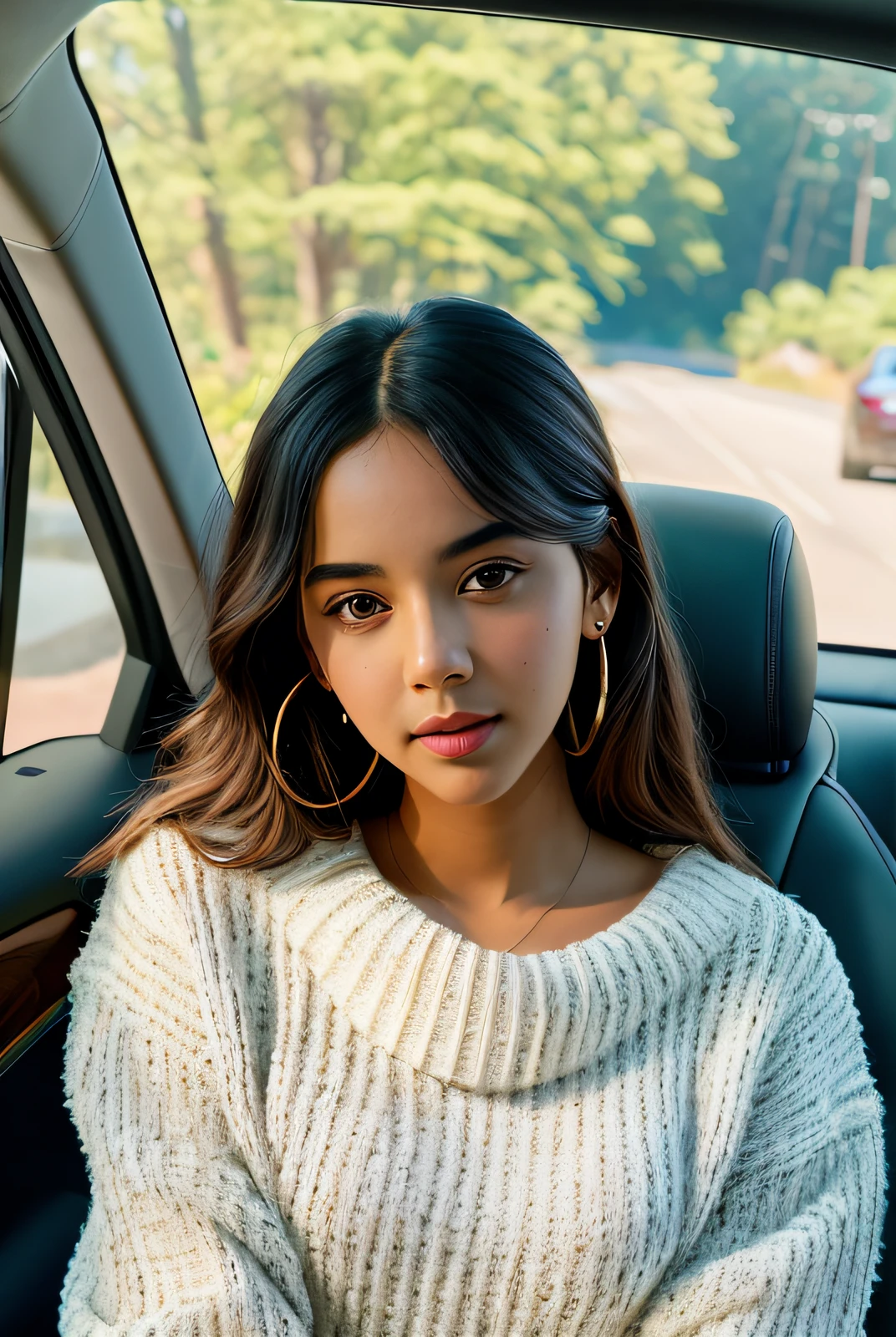 photo of (Abh1l4sh401:0.99), a woman as an instagram influencer, modelshoot style, (extremely detailed CG unity 8k wallpaper), photo of the most beautiful artwork in the world, professional majestic oil painting by Ed Blinkey, Atey Ghailan, Studio Ghibli, by Jeremy Mann, Greg Manchess, Antonio Moro, trending on ArtStation, trending on CGSociety, Intricate, High Detail, Sharp focus, dramatic, photorealistic painting art by midjourney and greg rutkowski, (oversized sweater:1.2), (sitting in a sports car:1.1), (car selfie:1.2), (makeup:1.1), ((drive way )), ((sports car)), ((mansion in the background)), (looking at viewer:1.3), (detailed pupils:1.3), (modern outfit:1.2), (closeup), (earrings)
