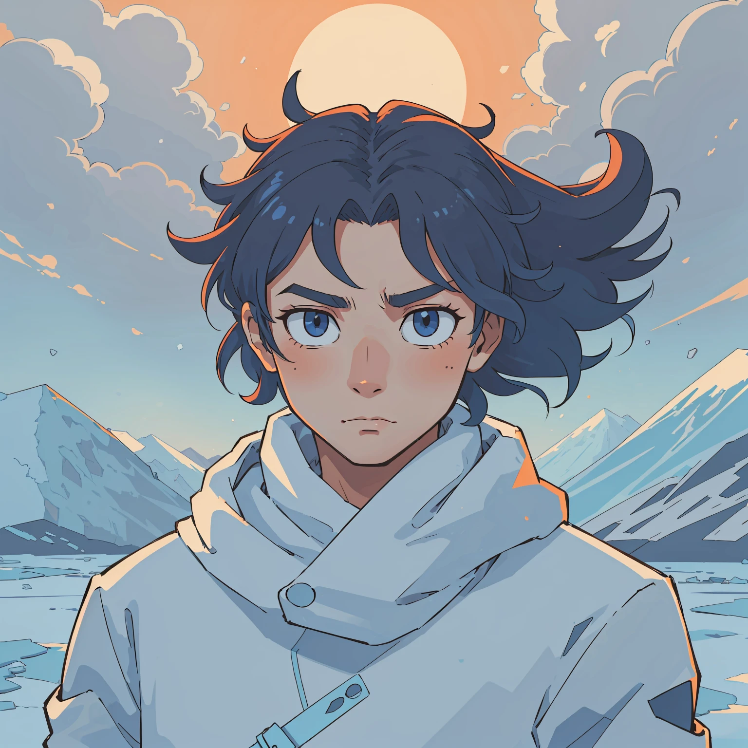(best-quality:0.8), (best-quality:0.8), broken introspective perfect anime illustration, a man with curly hair in the coldfrozencoldcoldcoldcoldcold tundra, blinding orange sun