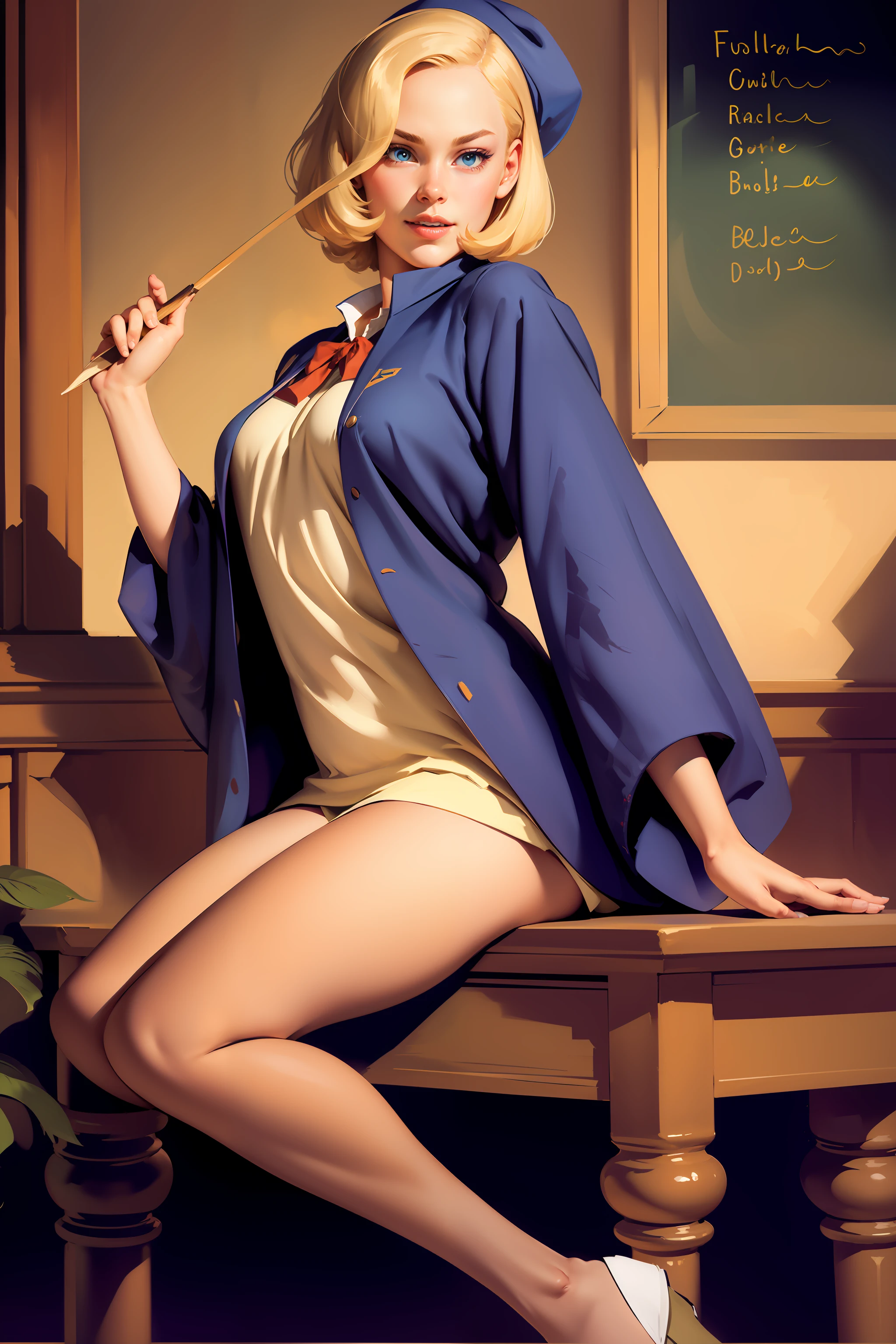 best quality, masterpiece, hogwarts student, blonde bob hair, <lora:GilElvgren:0.8>
