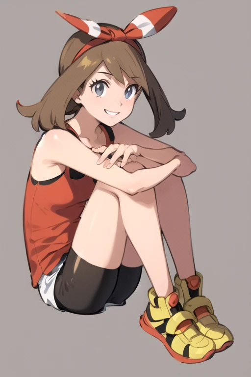 masterpiece, best quality, may \(pokemon\), red shirt, tank top, headband, bow, white shorts, bike shorts under shorts, smile, sitting, yellow footwear, full body <lora:May-10:0.7>