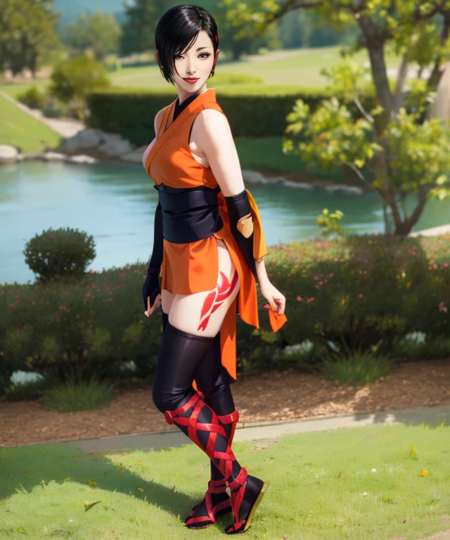 Kaede, short black hair, brown hair,ponytail ,medium breasts, standing, smiling, ,solo ,red tattoo on left thigh, leg up,
KaNin,black thighhighs,gloves, panties,sleeveless, short orange kimono,elbow gloves,sandals,ninja, cleavage,
(insanely detailed, beautiful detailed face, masterpiece, best quality)
<lora:Kaede:0.8>