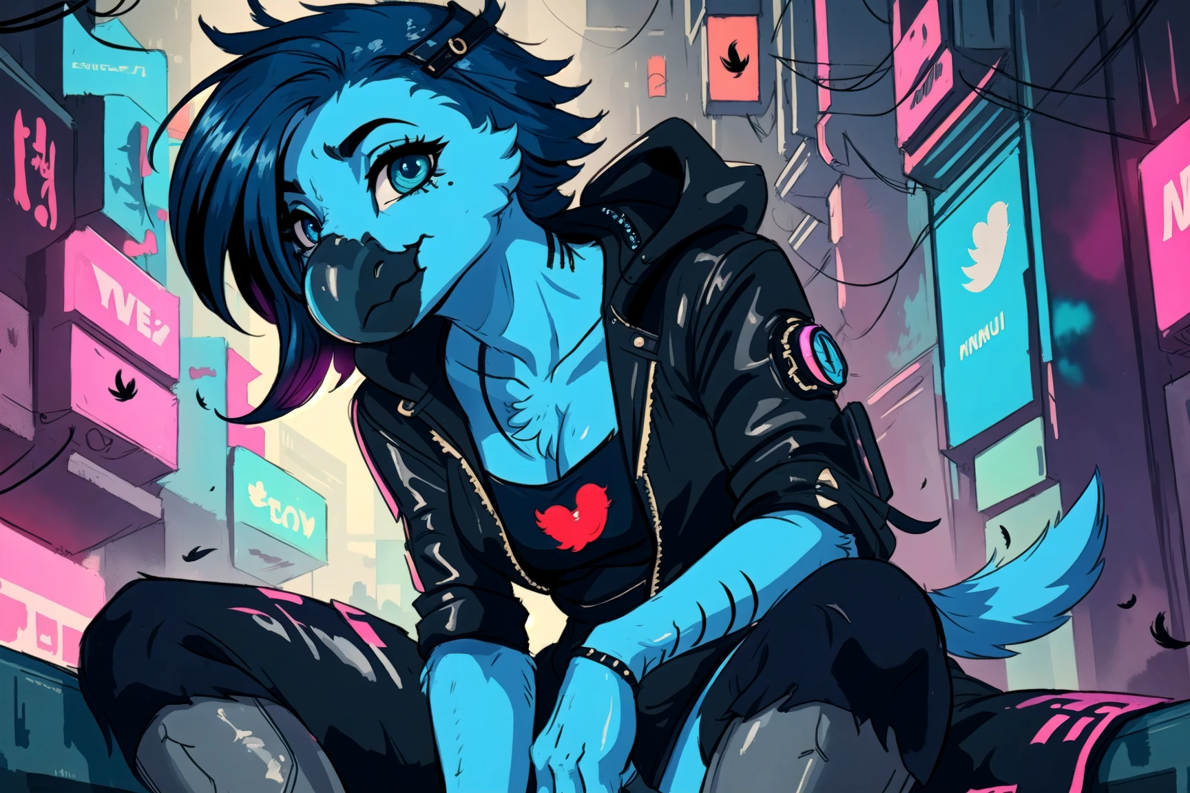 anthro, tweetfur, (beak:1.4), sfw, smug expression, female, close up, sitting, fluffy hair, detailed eyes, feathered body, feather hair, tail feathers, ((gothic cyberpunk costume)), masterpiece watercolor pencil sketch countershading, cyberpunk city, solo, inkpun style, prosthetic leg, <lora:epiNoiseoffset_v2:1>