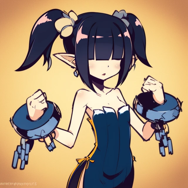 Clergy,flat chest ,pointy ears, short twintails ,hair over eyes ,black hair, jewelry. fists up,
ClDres,bare shoulders ,cuffs ,black strapless dress with green trim, ,shackles, brown skin1:2
outer space, open church, milky way,
(insanely detailed, beautiful detailed face, masterpiece, best quality) <lora:Clergy:0.8> <lora:Cleric:0.8>