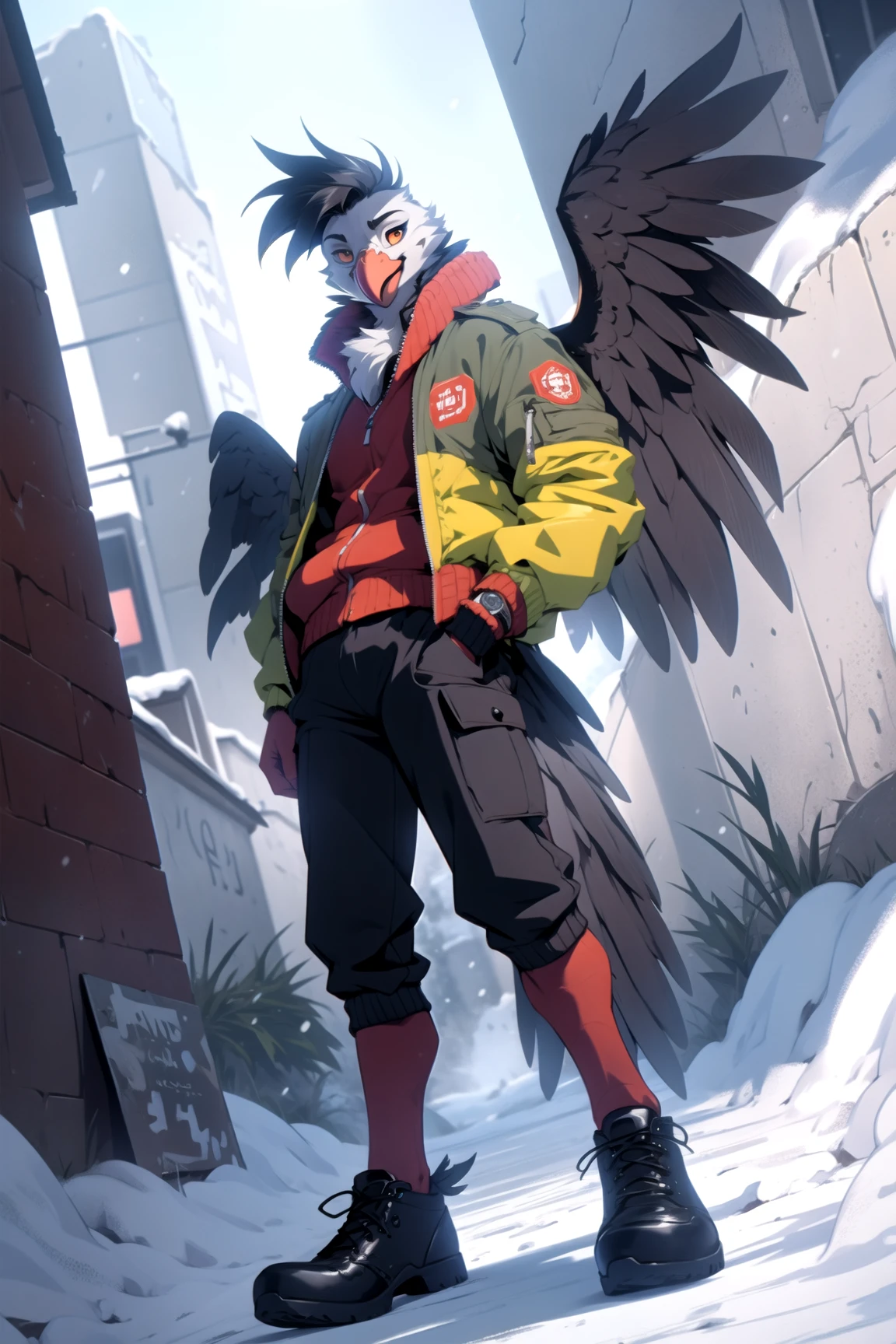anthro bird, ((wings)), male, full body, portrait, beak, bomber jacket, winter, Dutch angle,