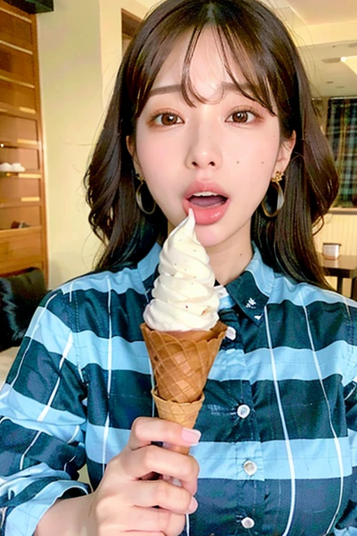 1girl, solo, open mouth, brown hair, shirt, black hair, holding, jewelry, earrings, food, indoors, plaid, eating, holding food, realistic, ice cream, ice cream cone
huge breast, nsfw, sexy
<lora:JPGirlEatIceCreamMix1:0.8>