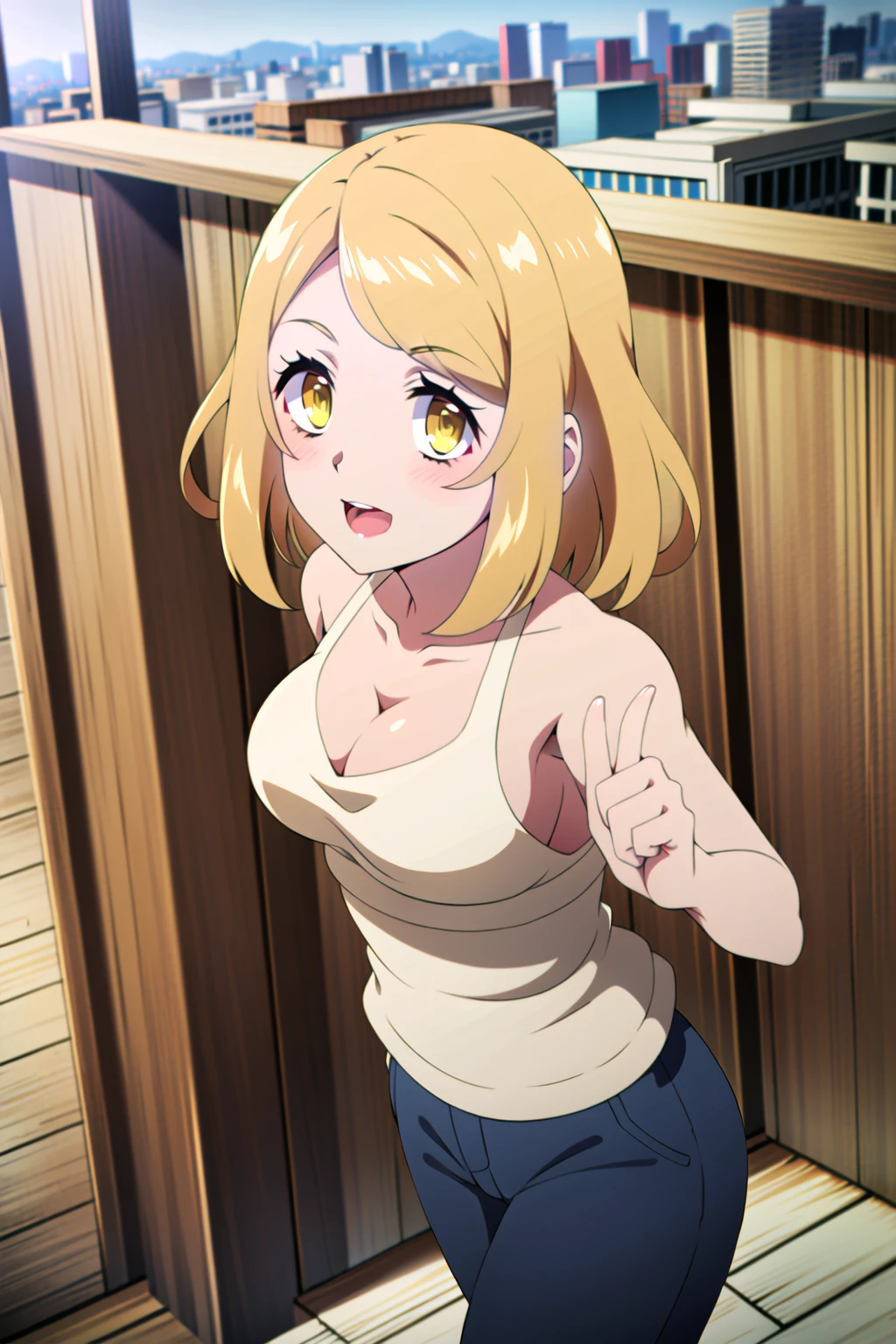 1girl, masterpice, high quality, best quality, good body, good hands and fingers, official art, (solo), dynamic angle, dynamic pose, sexy, (nice face and eyes), (perfect face and eyes), <lora:tia-08:0.8>, yellow hair, large breasts, hair ornament, angel wings, tia, city, walking, casual clothes