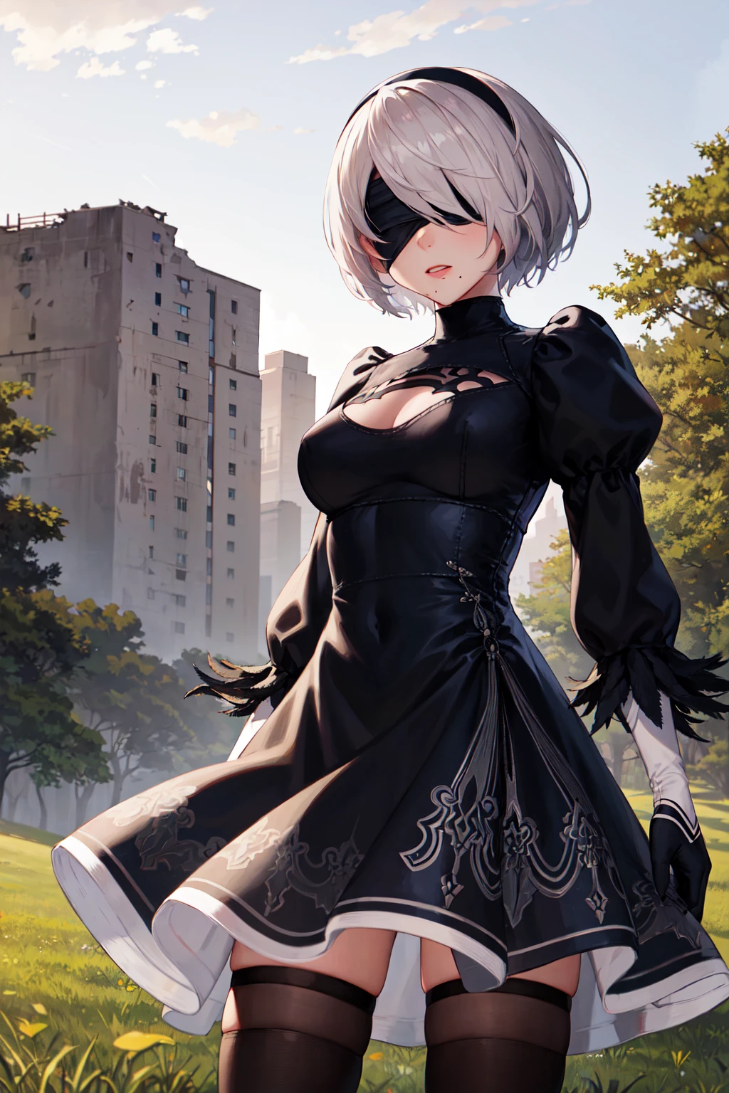 masterpiece, best quality, highres, hm2b, black blindfold, covered eyes, mole under mouth, clothing cutout, long sleeves, puffy sleeves, juliet sleeves, feather trim, black thighhighs, black gloves, black dress, black skirt, <lora:y2b_v2-1:0.7>, outdoor, grass, building, ruins, field, standing, cowboy shot,