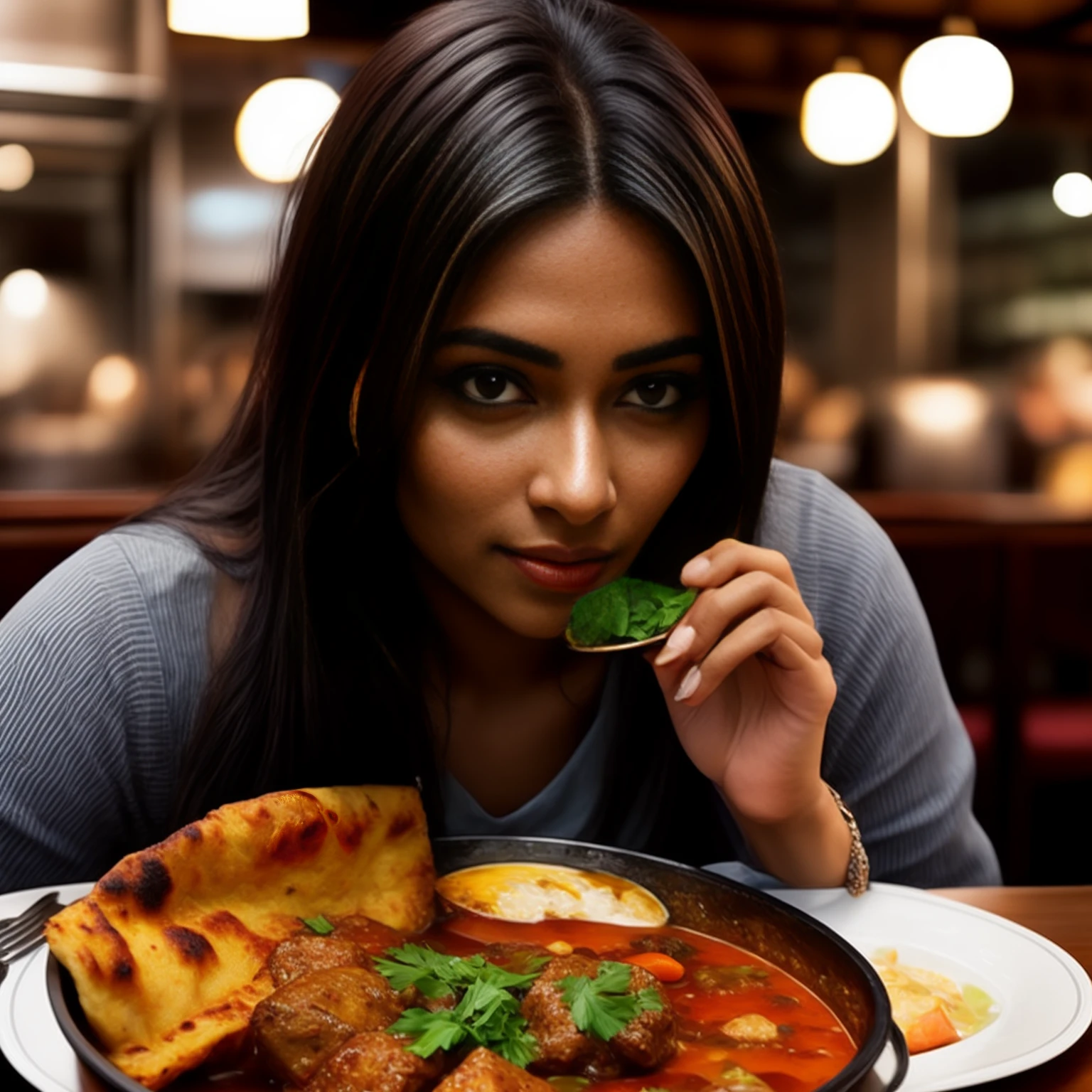 best quality, ultra-detailed photo, a woman at a restaurant table,hyper realistic, photorealistic,4k, restaurant, ((indian food, looks delicious)), food menu, dgespresso:0.8