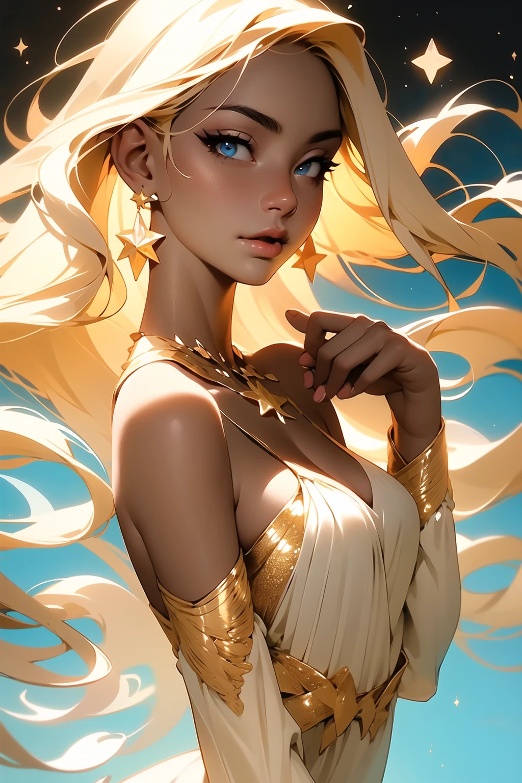 masterpiece,(masterpiece, top quality, best quality), 1girl, solo, long hair, jewelry, earrings, black background, looking at viewer, blue eyes, upper body, white hair, simple background, bangs, hand up, hair ornament, from side, light particles, bare shoulders, sparkle, long sleeves, breasts, blonde hair, dress, star (symbol), lips, eyelashes