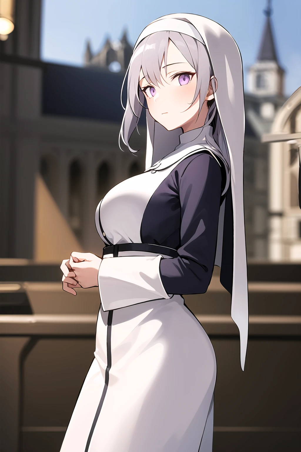 masterpiece, 1girl, aurora e. juutilainen, standing, purple eyes, medium breasts, long silver hair, nun, cathedral, sister robes, bright, glowing, dust, depth of field, blurry background