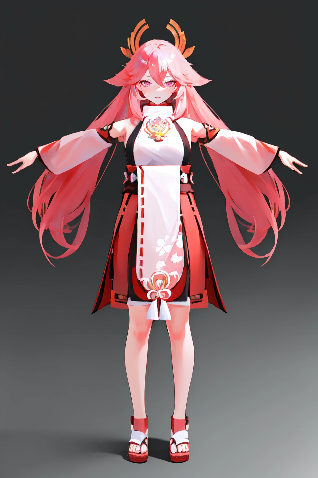 Highly detailed, High Quality, Masterpiece, beautiful, TPose, outstretched arms, standing, <lora:TPose:0.8>, solo, full body, yae miko, Yae_Miko \(genshin impact\), Yae_Miko:1.2, pink eyes, long hair, pink hair, animal ears, <lora:Char_GenshinImpact_YaeMiko:1>