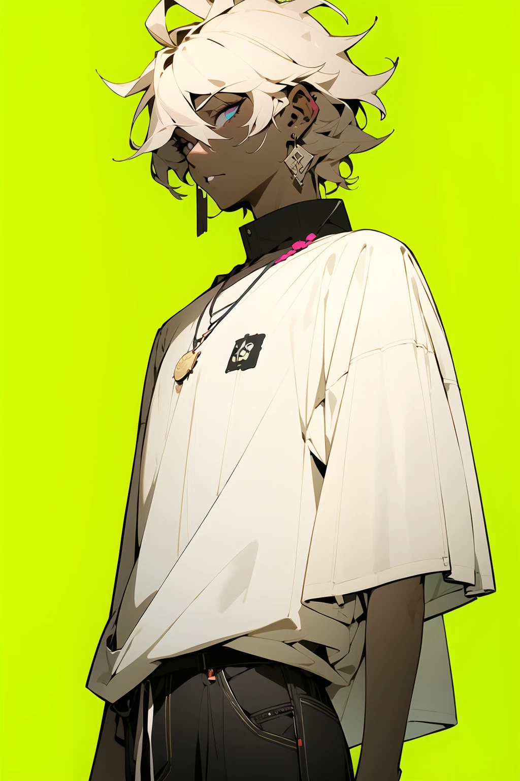 masterpiece,(masterpiece, top quality, best quality),((flat color)),male_focus, white_hair, komaeda_nagito, jewelry, 1boy, solo, earrings, bangs, necklace, hair_between_eyes, messy_hair, shirt, short_hair