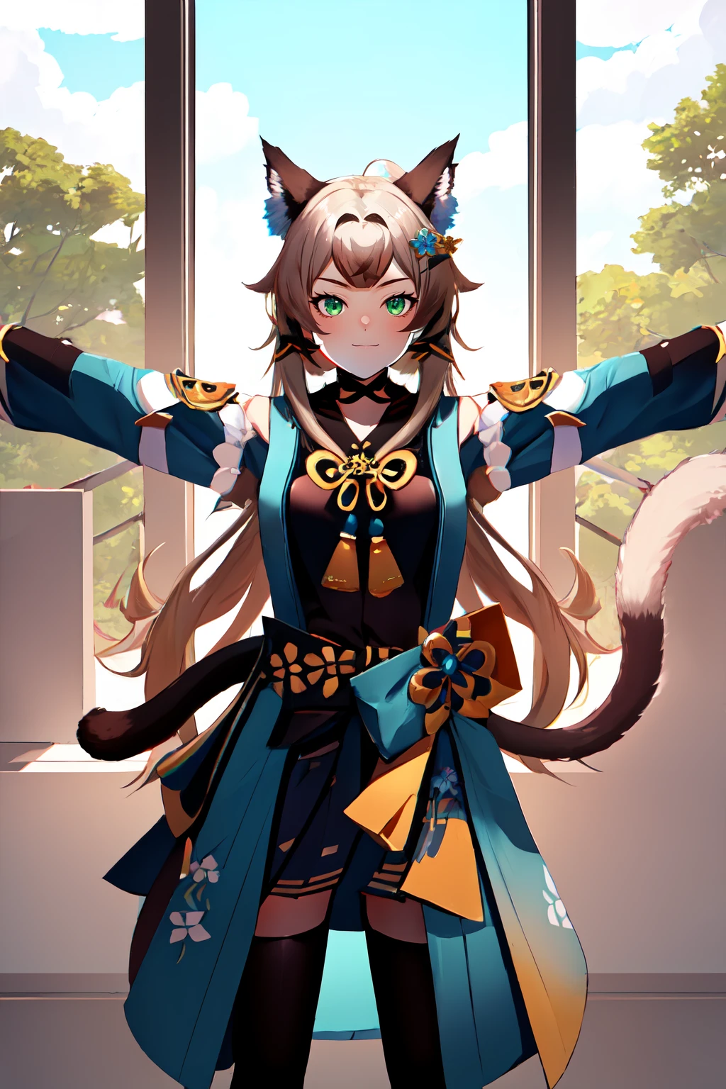 Highly detailed, High Quality, Masterpiece, beautiful, TPose, outstretched arms, standing, <lora:TPose:0.8>, solo, cowboy shot, kirara /(genshin impact/), green eyes, hair ornament, long hair, cat paws, cat tail, <lora:Char_GenshinImpact_Kirara:0.9>