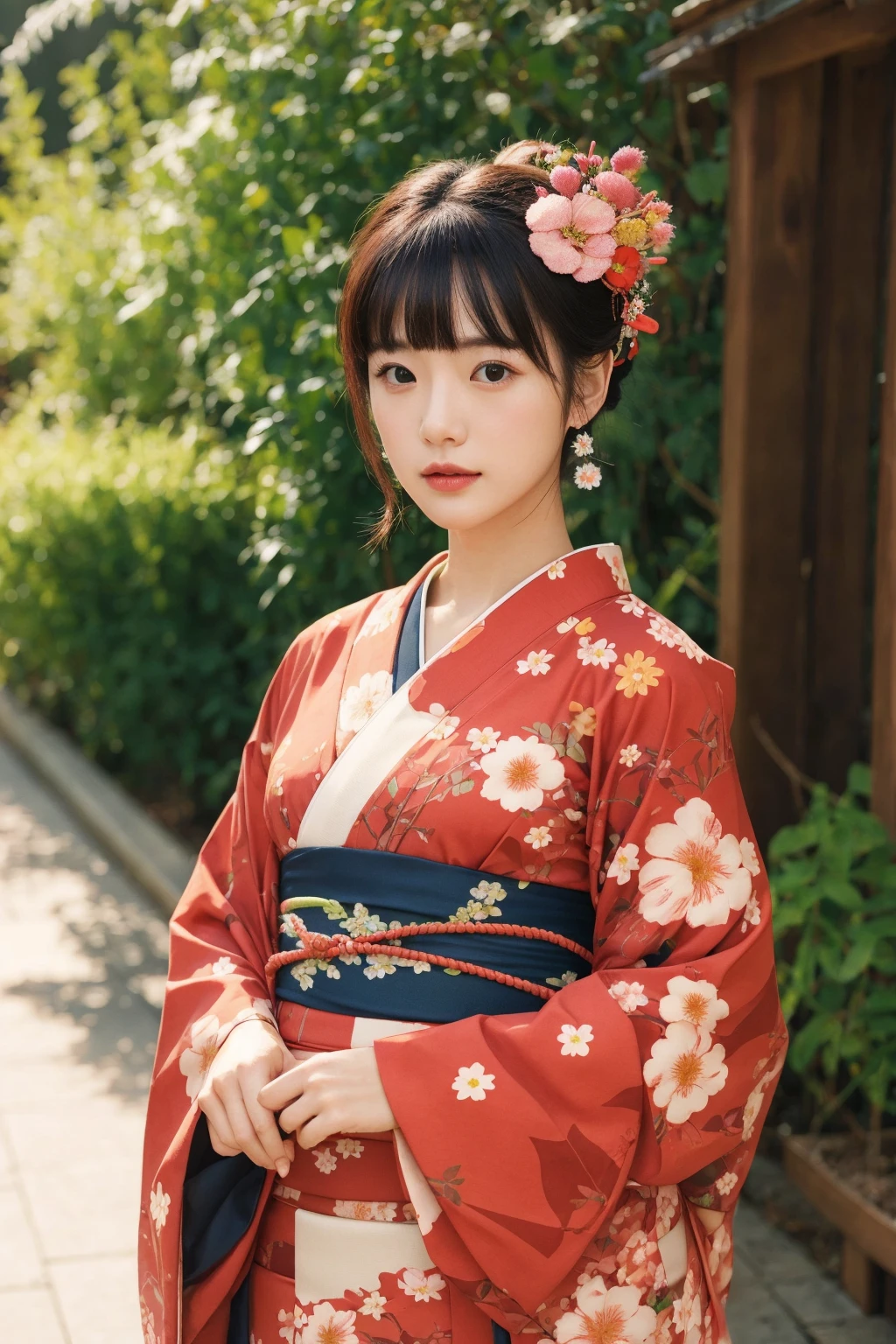 1girl, solo, outdoor, cute japanese model girl, kimono, floral print, hair ornament, looking at viewer, hair flower, brown eyes, bangs, masterpiece, best quality, realistic