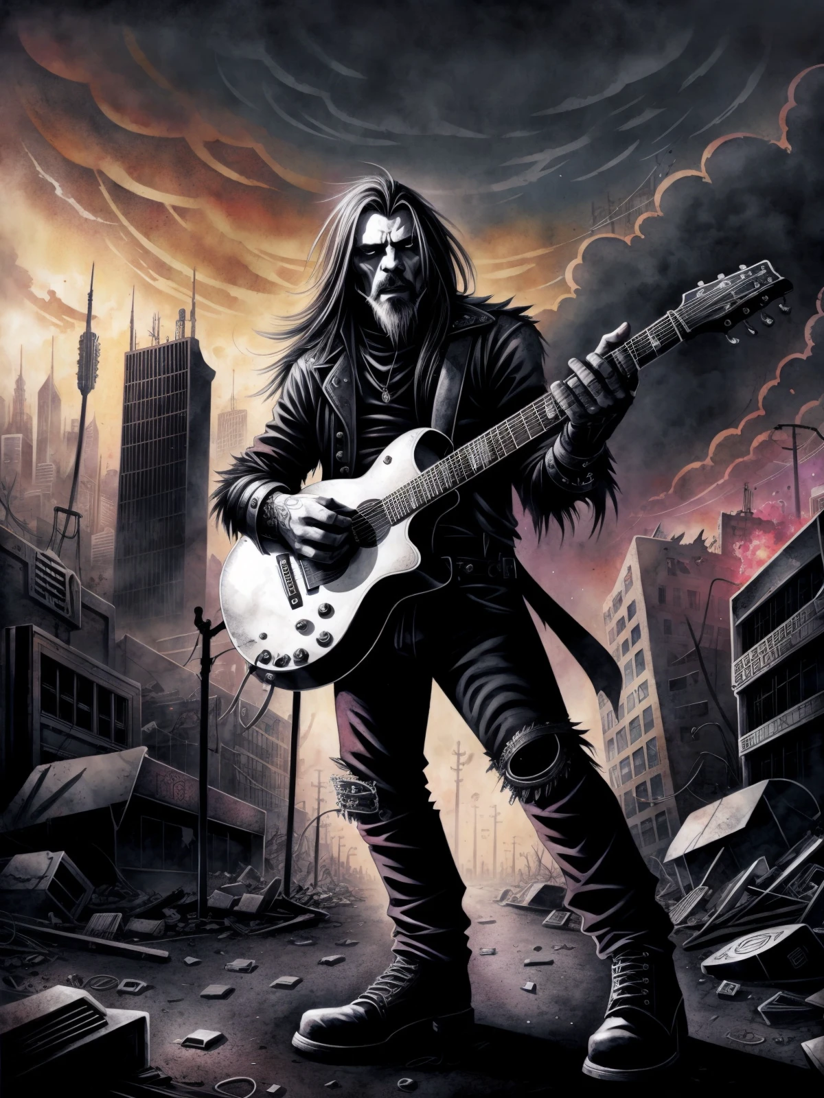 A black metal guy plays his guitar on the last day on earth , post-apocalyptic destroyed city background (colorful aquarell )