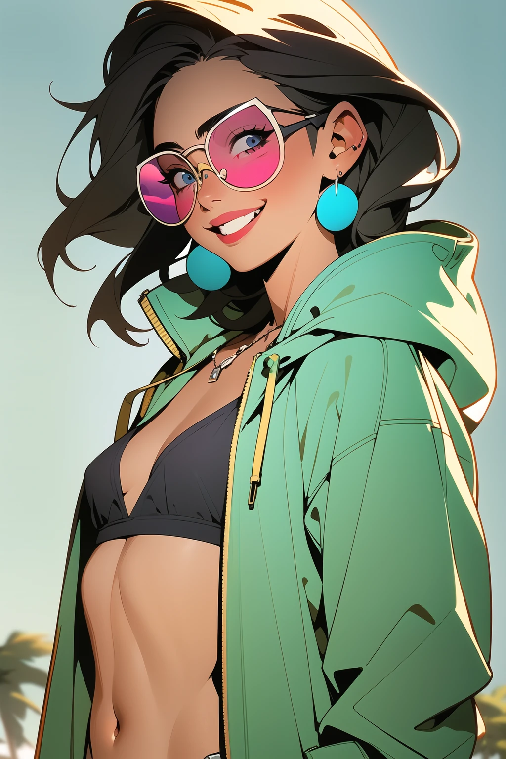 masterpiece,(masterpiece, top quality, best quality),((flat color))),1girl, solo, hood, smile, blue eyes, tinted eyewear, looking at viewer, sunglasses, grin, jacket, upper body, tree, multicolored hair, hooded jacket, round eyewear, palm tree, hood up, crop top, pink hair, glasses, bangs, blue sky, sky, open clothes, teeth, black hair, day, outdoors, breasts, hoodie, open jacket, jewelry, earrings, colored inner hair