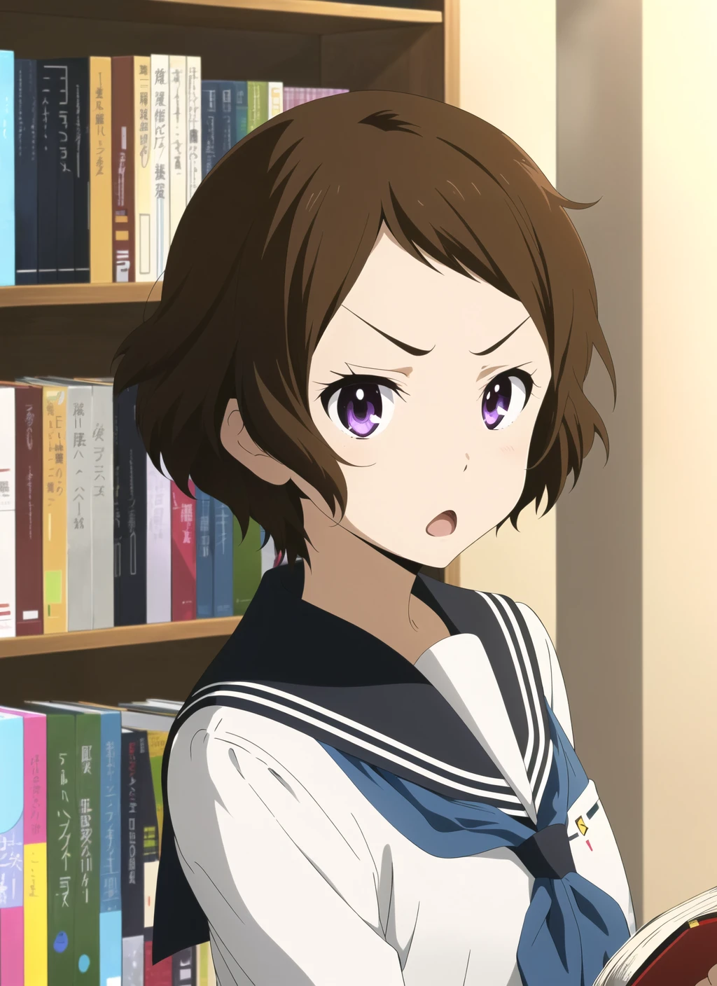 hyouka <lora:hyouka_offset:1>, masterpiece, best quality, 1girl, school uniform, short hair, solo, brown hair, serafuku, open mouth, kamiyama high school uniform, :o, purple eyes, bookshelf, book, v-shaped eyebrows, library, official style