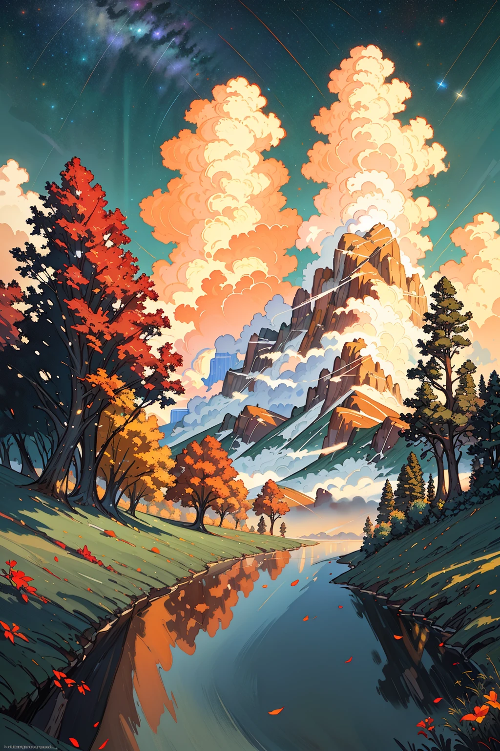 <lora:FuturisticScape-V3:1>, painting by sargent and rhads and leyendecker and greg hildebrandt evening sky, low thunder clouds foothpath with trees at indian summer with zugspitze fitz roy in background, colours green, red, blue black and white, acuarela