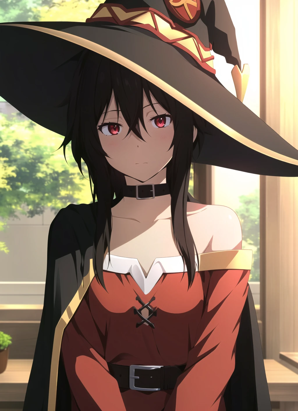 hyouka <lora:hyouka_offset:1>, masterpiece, best quality, megumin, 1girl, bare shoulders, black cape, black gloves, black hair, cape, choker, collarbone, dress, hair between eyes, hat, long sleeves, looking at viewer, medium hair, off-shoulder dress, off shoulder, red dress, red eyes, sidelocks, solo, witch hat, indoors,