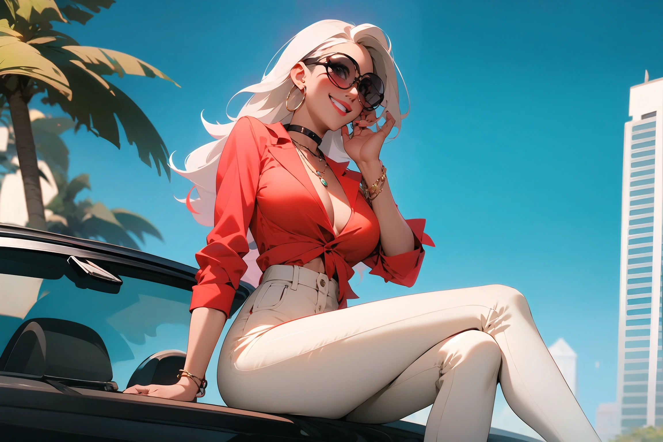 masterpiece,(masterpiece, top quality, best quality),1girl, jewelry, long hair, blonde hair, solo, shirt, earrings, pants, smile, motor vehicle, choker, sunglasses, looking at viewer, bracelet, car, plant, high-waist pants, ground vehicle, sitting, outdoors, day, breasts, red shirt, dark-skinned female, tinted eyewear, long sleeves, building, dark skin, cleavage, parted lips, hoop earrings, round eyewear, floral print, white pants, shirt tucked in, necklace, grin, black choker, collar,
