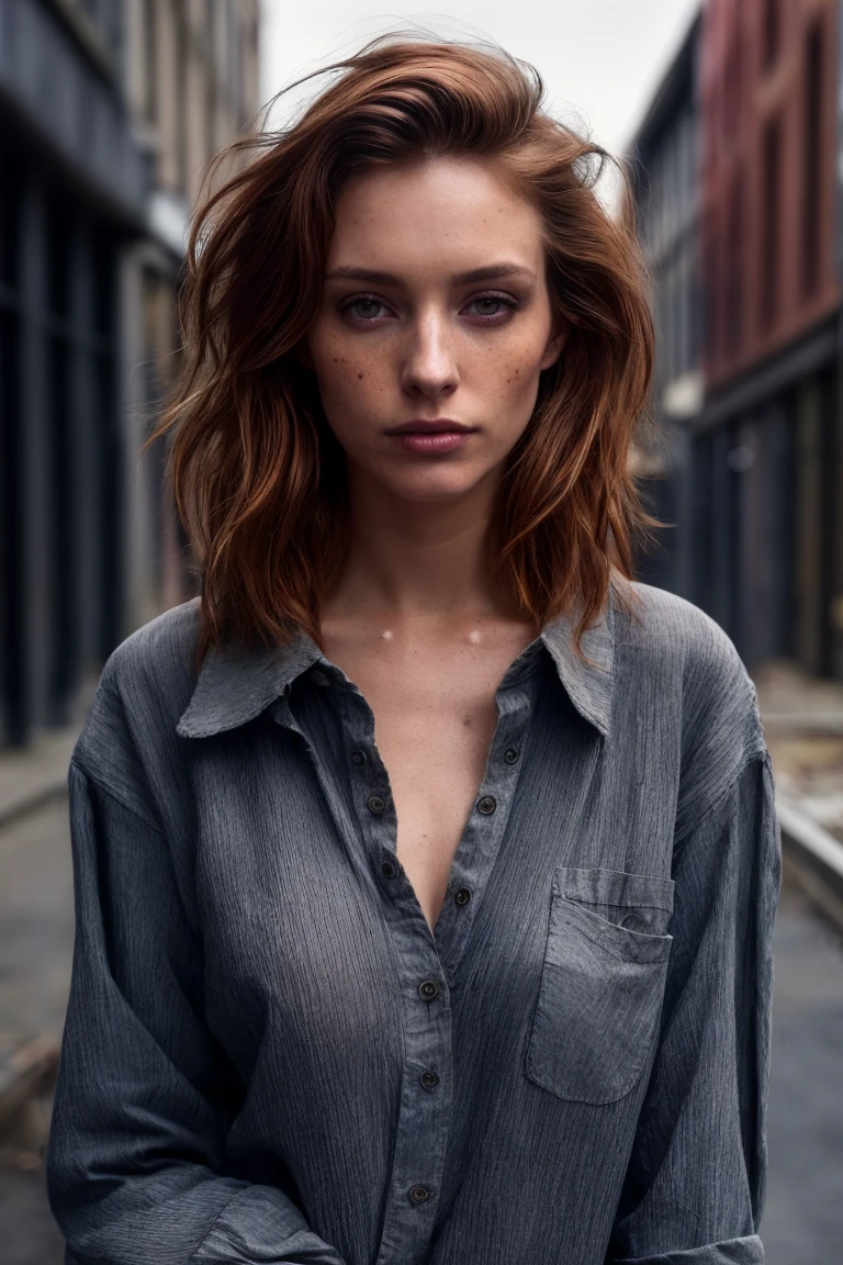 Arafed woman with red hair and a shirt on standing in a street - SeaArt AI