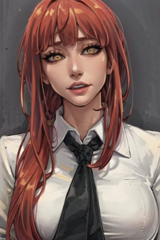 beautiful, ((masterpiece:1.2)), ((best quality:1.2)), extremely detailed face, perfect eyes, perfect face, medium shot of 1girl, solo, nose, tumblr, <lora:Makima:0.75>, red hair, bangs, blunt bangs, formal, yellow eyes, ringed eyes, thin necktie, white collared shirt, black pants, large breasts, lips,<lora:Ikebanav1-000014:0.85>,