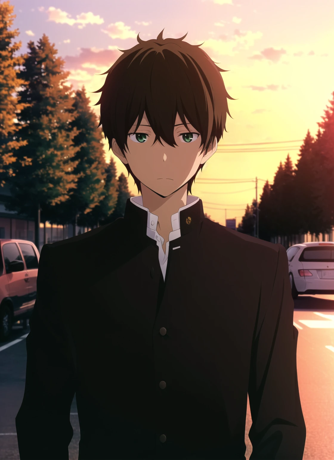 hyouka <lora:hyouka_offset:1>, masterpiece, best quality, 1boy, male focus, gakuran, school uniform, solo, ground vehicle,  green eyes, tree, car, motor vehicle, brown hair, black hair, upper body, outdoors, sunset, blurry, short hair