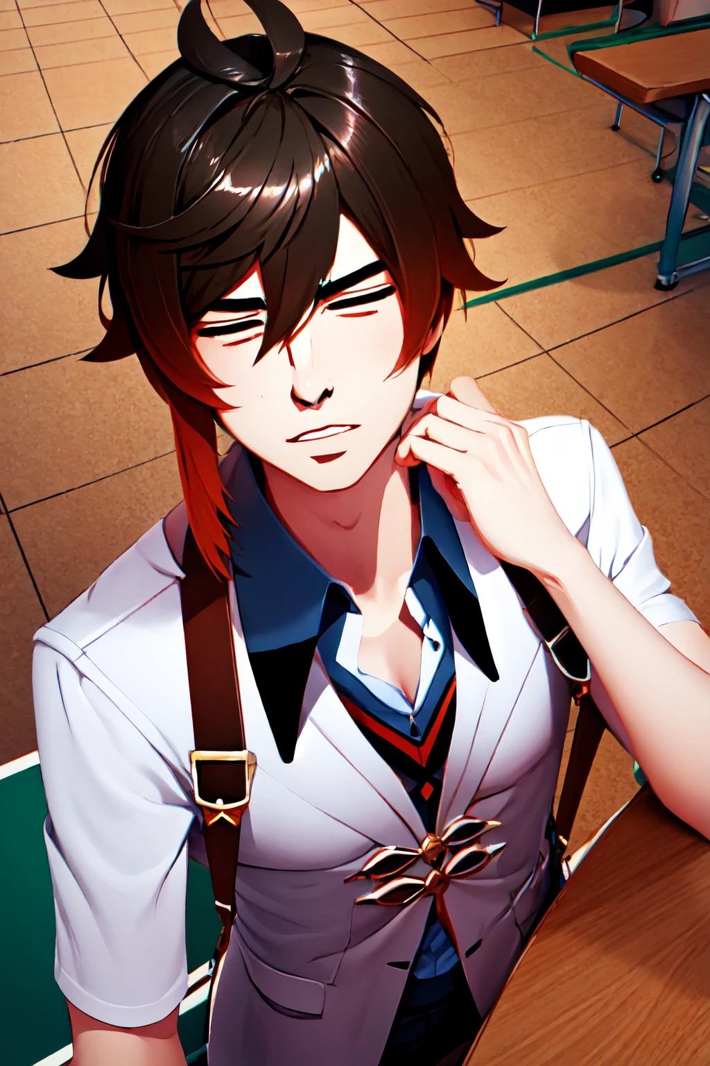 Highly detailed, High Quality, Masterpiece, beautiful, YaranaikaFace, <lora:Yaranaika:1>, solo, Zhongli\(genshin impact\), Zhongli:1.2, adult male, black hair, in teacher outfit, <lora:Char_GenshinImpact_Zhongli:0.8>