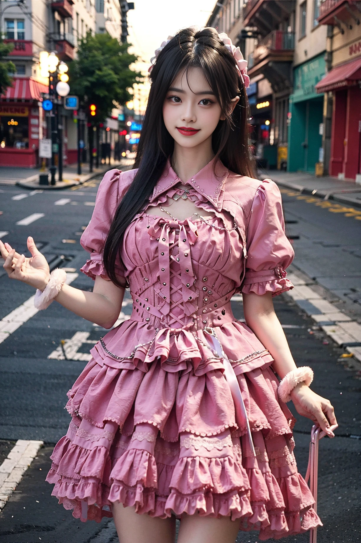 realistic, photorealistic, masterpiece, best quality, 1girl, solo, smile, looking at viewer, long black hair, hair ornament, cowboy shot, bangs, cool_dress, standing in street, netural lighting, <lora:cool_dress_style2_v1:0.75>, <lora:chinaDollLikeness_v10:0.6>